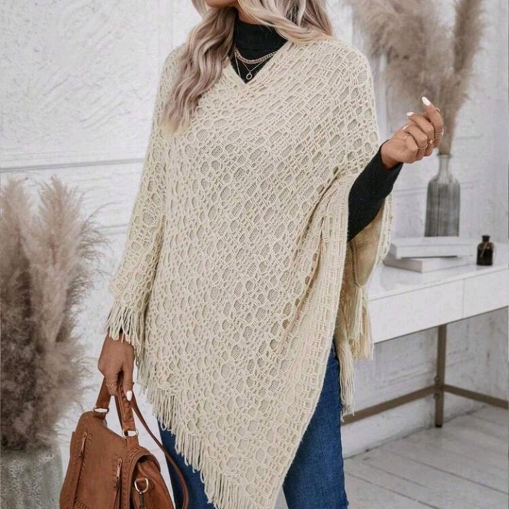 Cream Beige Knit Poncho With Fringes